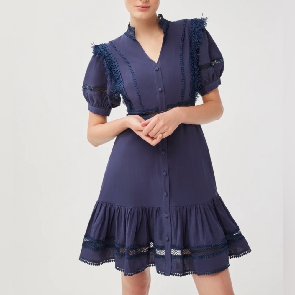 Navy Blue Lace Trim Dress - Picture 1 of 15